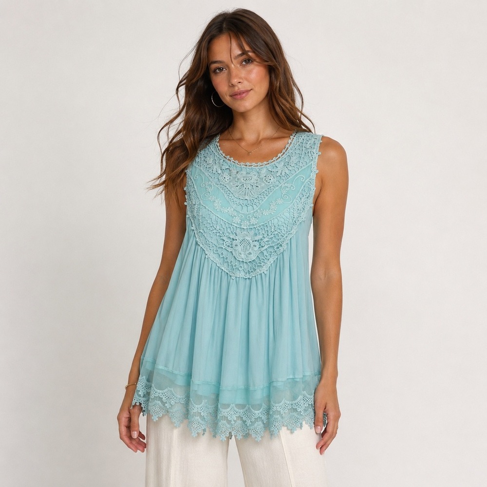 JW Style Tunic Top Large Aqua Blue Crochet Lace Mesh Lined Boho Sleeveless